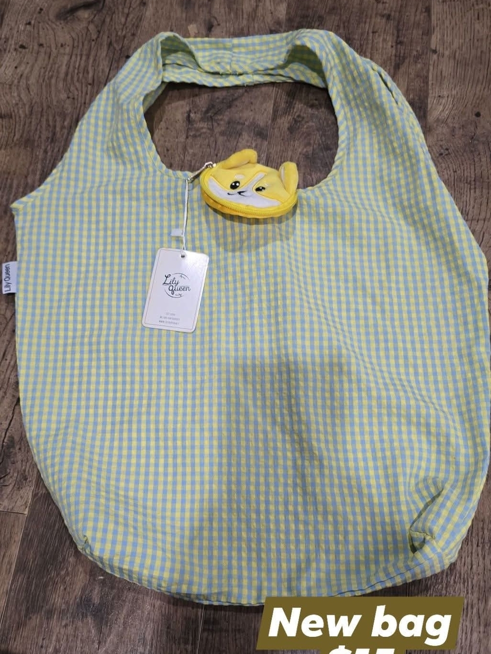 Lily Yellow & Light Blue Gingham Kids Tote with Fox Coin Purse